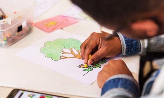 A young person coloring a tree and flowers with crayons.